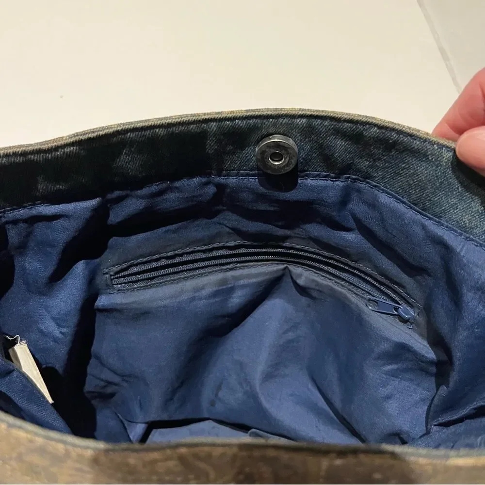 Women's Casual Faux Leather Blue Denim Messenger Bag with Paisley top